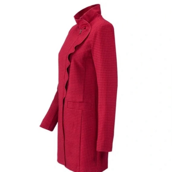 CAbi 3546 Celebration Houndstooth Red Ponte Long Jacket Coat Front Ruffle Large - Picture 5 of 16